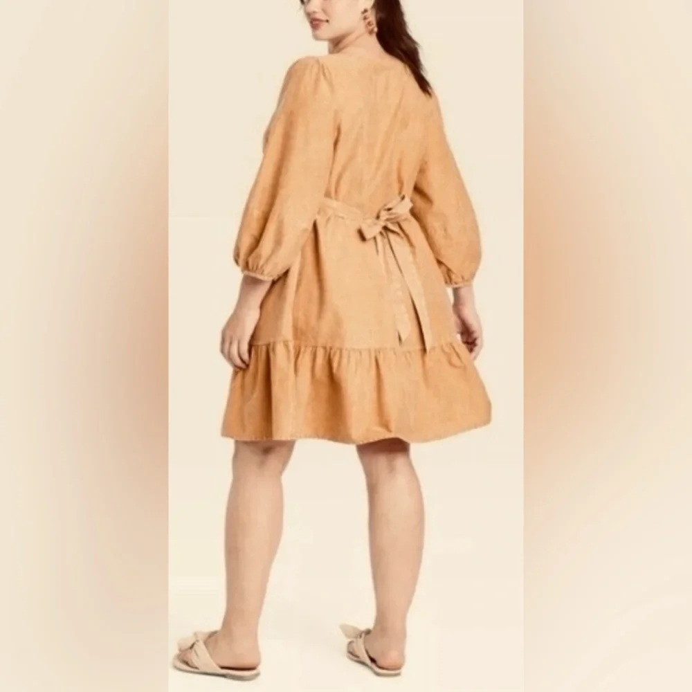 Ava & Viv tiered dress. Balloon 3/4-Sleeve A-Line. Midi, 100% cotton. Mustard 4X - Picture 2 of 12